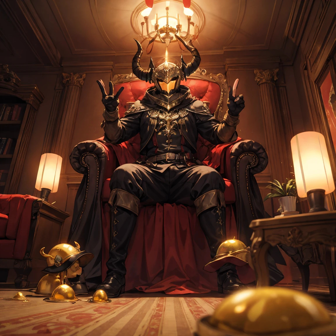 Golden Slime, helmet with horns, red glowing, indoors, living room, crimson room, day
