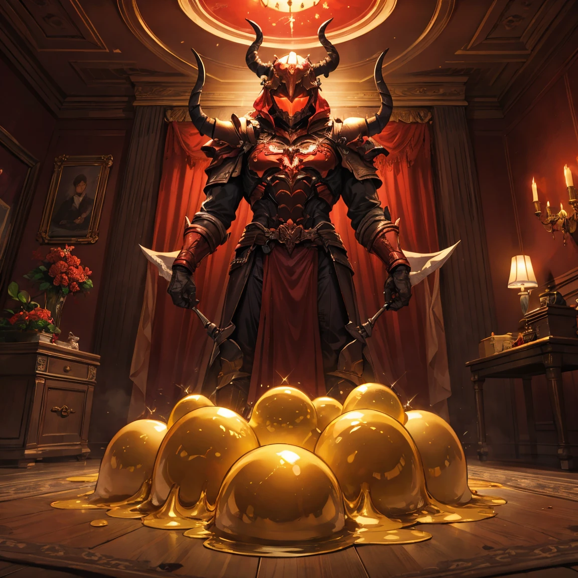 Golden Slime, helmet with horns, red glowing, indoors, living room, crimson room, day
