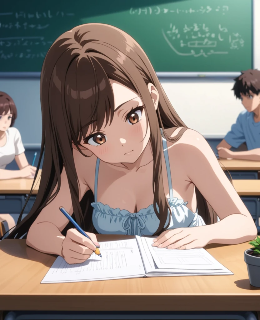 Best quality, masterpiece, head tilt, focused, looking at paper, swept bangs that curl at the end, long hair, very long hair, waist length hair, brown hair swept bangs and brown eyes, floral backless sundress, sneakers, anime, sitting on chair in front of desk, holding pencil, taking notes, books, chalkboard, sunrays, potted plants, people in background, 