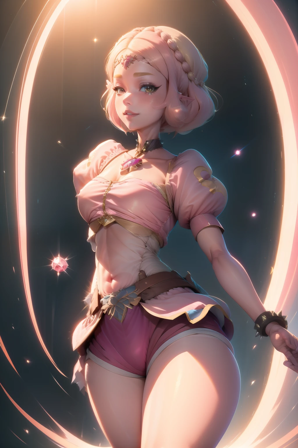 pnkdamond, pink hair, pink eyes, long hair, stomach gem, pink skin, toned,
puffy short sleeves, elbow gloves , white thighs, Puffy dress,
standing, Upper part of the body,
outer space,
(incredibly detailed, beautiful detailed face,Beautiful detailed eyes, Masterpiece, Best Quality) cinematic lighting, SMILE,