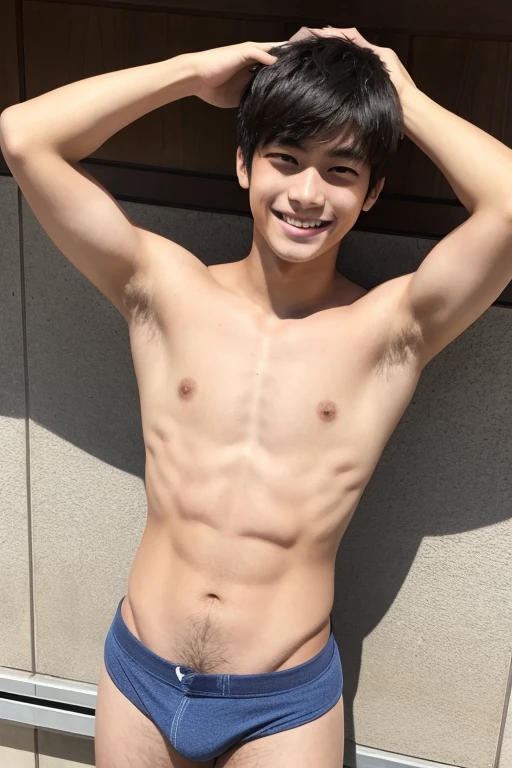 One boy, Japanese high school student, 160cm, Galando, thick armpit hair, thick body hair, tanned skin, smile, skinny