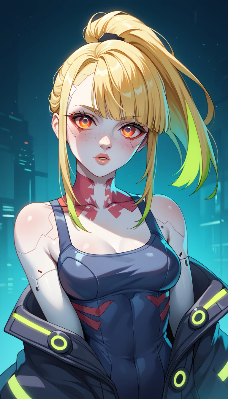 1 Girl, Medium Breasts, Golden Yellow Hair, Lots Light Green Highlights In The hair, Cybernetic Red Eyes, Neon Eyes, Nice Eyes, Ponytail Hair Style, Freckles, Nice Lips, Nice Nose, Pale White Skin, Smooth Skin, Cyberpunk Style, Cyberpunk Clothes, NIghtcity Background, Neon Colors, 