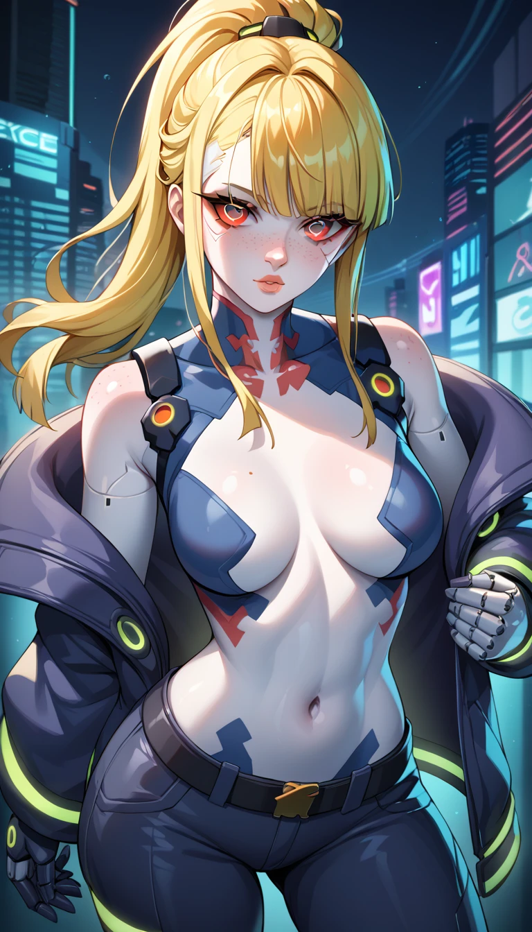 1 Girl, Medium Breasts, Golden Yellow Hair, Lots Light Green Highlights In The hair, Cybernetic Red Eyes, Neon Eyes, Nice Eyes, Ponytail Hair Style, Freckles, Nice Lips, Nice Nose, Pale White Skin, Smooth Skin, Cyberpunk Style, Cyberpunk Clothes, NIghtcity Background, Neon Colors, 