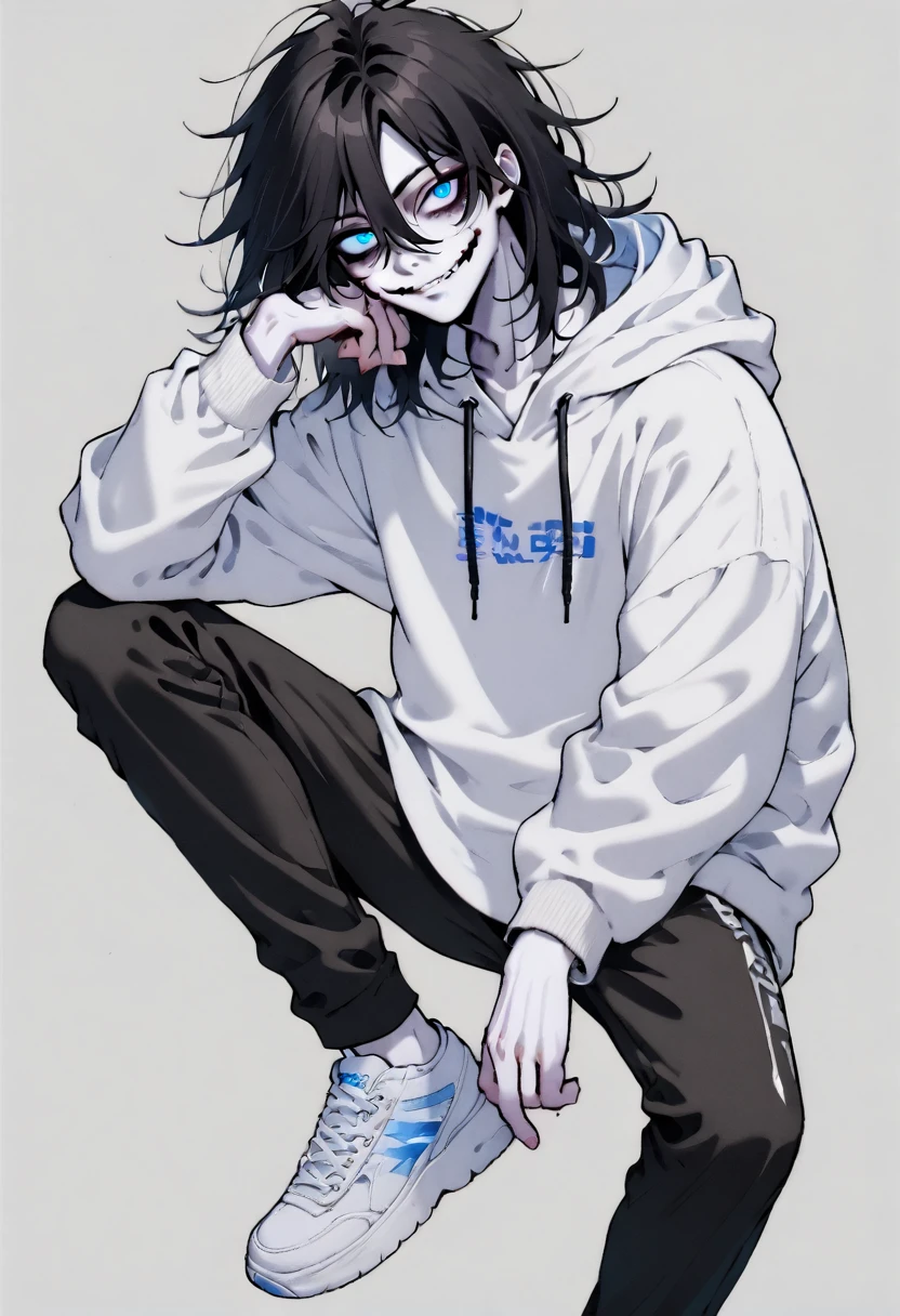 1boy, white hoodie, long black hair, slit smile, blue eyes, pale skin, black pants, sneakers