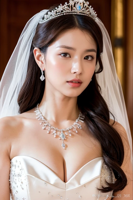 (Highest quality、High-quality photos、8k、Best image quality、Award-winning works)、One beautiful bride、(alone:1.1)、(The most extravagant and gorgeous huge pure white wedding dress:1.2)、(Perfect Wedding Lace:1.2)、(The most gorgeous and luxurious giant tiara:1.3)、(The most extravagant and luxurious giant necklace:1.3)、The finest jewellery decoration、Perfect Makeup、Long eyelashes、Ultra HD Shining Eyes、Ultra HD Hair、Ultra High Resolution Glossy Lips、Beautiful face in ultra-high definition、(Accurate anatomy:1.1)、Very bright and beautiful skin、very bright and vivid、Perfect beautiful bridal hairstyles、(Front facing body:1.1)、(The simplest solid color background:1.1)、(Voluptuous body)、Large Breasts、Cleavage