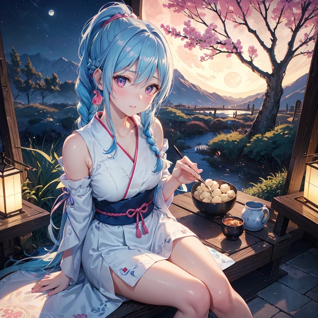 Sky blue hair, (Braided Ponytail:1.2), Pink eyes,Fair skin ,(whole body),(One Girl),Tsukimi,(White sweet dumplings ),White round dumplings,Japanese pampas grass,(beautiful, Full moon shining in the night sky),(masterpiece, Highest quality, Very detailed, Best Shadow), (Detailed Background), (Beautifully detailed face), High Contrast, (Best lighting, Very delicate and beautiful), ((Cinematic Light)), colorful, Hyper Detail,8k, Dramatic Light, Intricate details,Sit and eat dumplings while watching the moon,(Shadow of a rabbit on the moon),mysterious