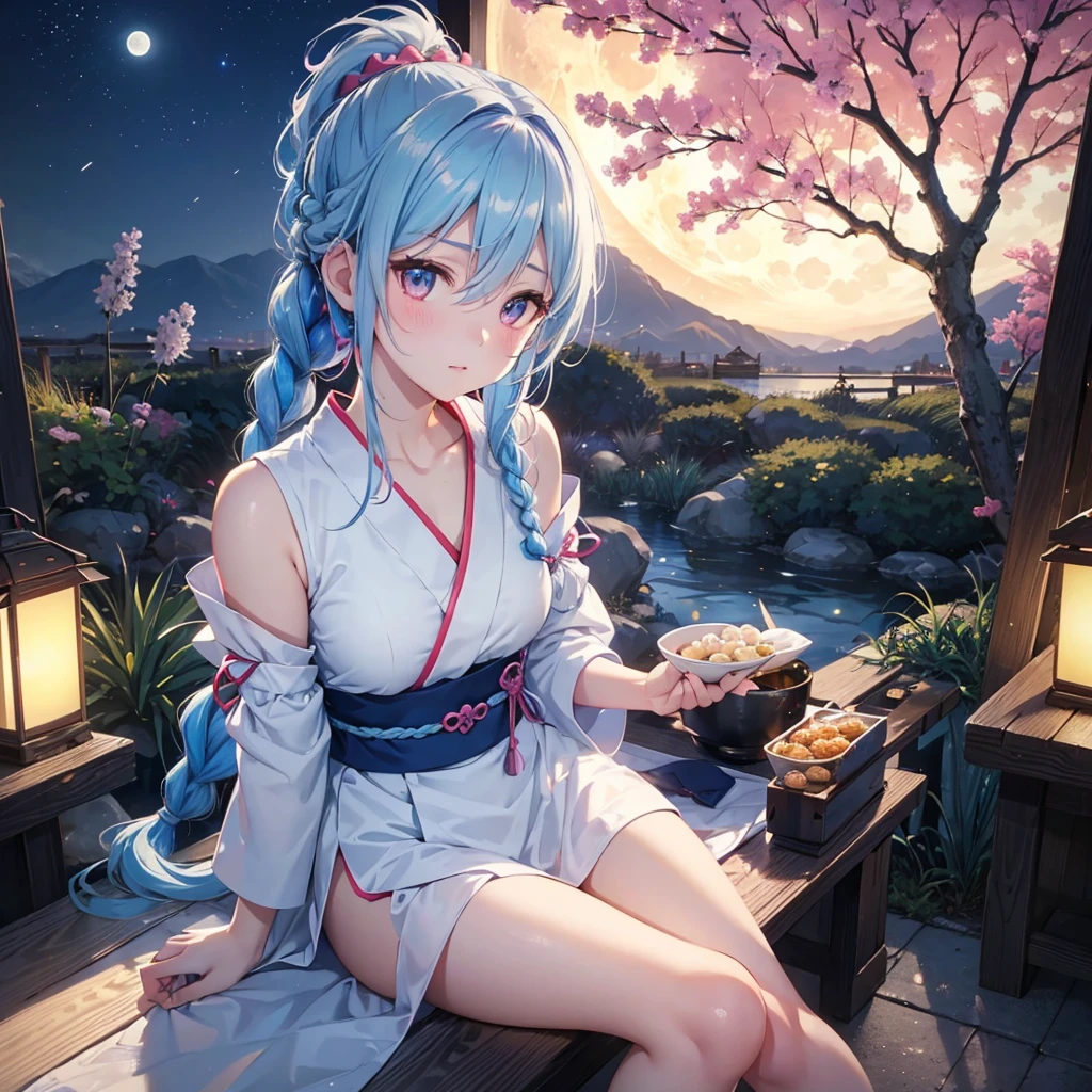 Sky blue hair, (Braided Ponytail:1.2), Pink eyes,Fair skin ,(whole body),(One Girl),Tsukimi,(White sweet dumplings ),White round dumplings,Japanese pampas grass,(beautiful, Full moon shining in the night sky),(masterpiece, Highest quality, Very detailed, Best Shadow), (Detailed Background), (Beautifully detailed face), High Contrast, (Best lighting, Very delicate and beautiful), ((Cinematic Light)), colorful, Hyper Detail,8k, Dramatic Light, Intricate details,Sit and eat dumplings while watching the moon,(Shadow of a rabbit on the moon),mysterious