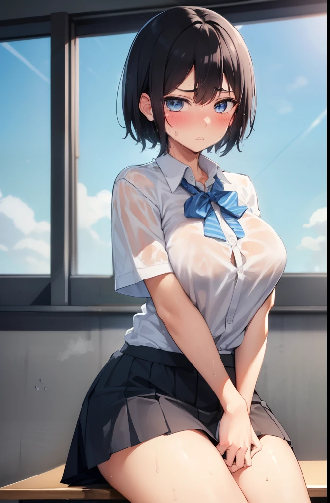 (masterpiece, official art), 1girl, black hair, blue eyes, hair ornament, hairclip, zodiac_suguha, (school uniform), (shirt), (necktie), (skirt), (wet), (upper body), (closeup), (huge breasts), sunlight, looking at viewer, grin, seductive, blush, alluring attire, (closeup), (hands behind head), (upper body), short bob