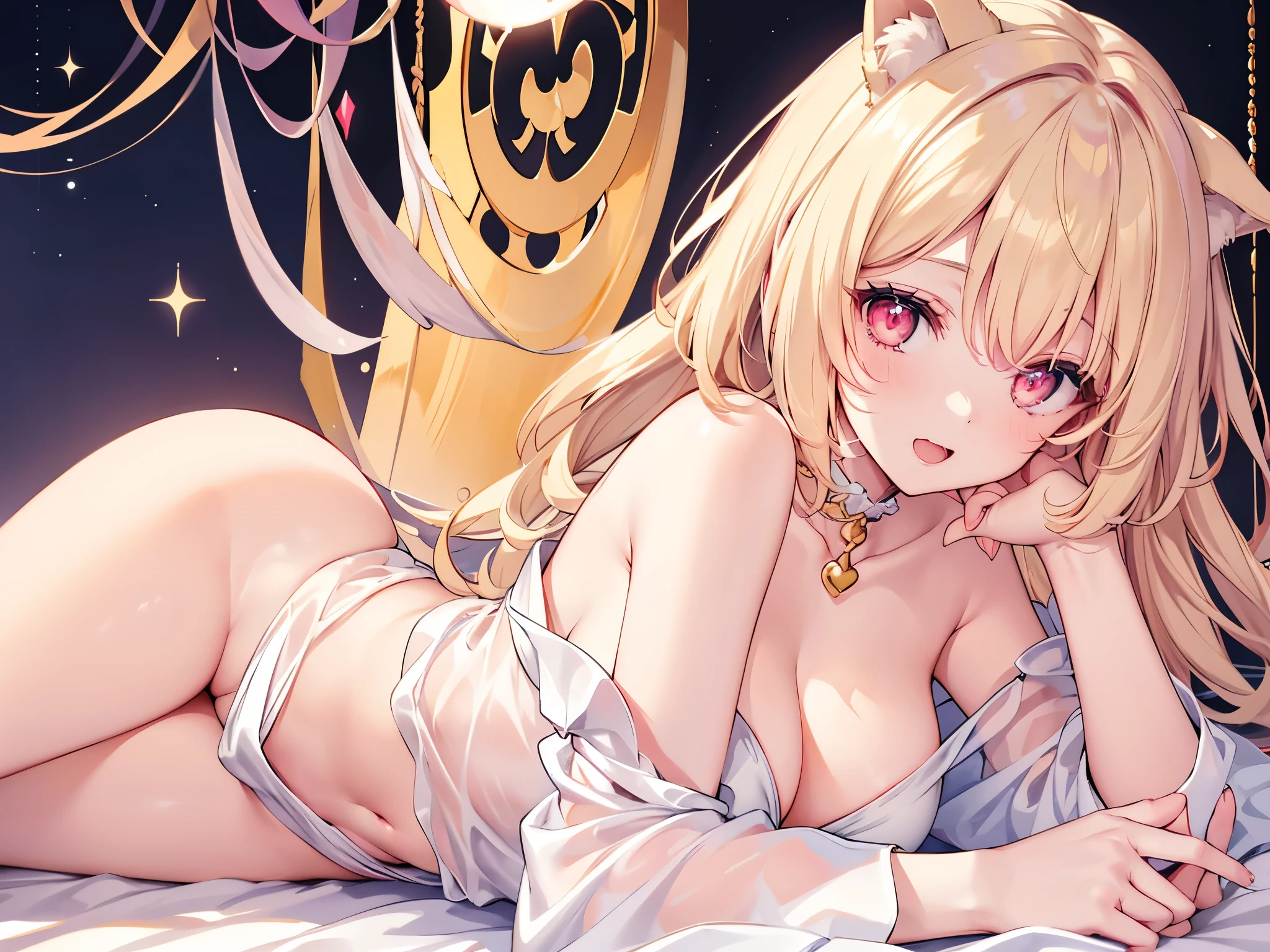 1girl,Sexy pretty girl,shiny gold platinum blonde hair, Bobcut,curly hair、Dog ears、Red sparkling eyes、detailed cute eyes,(glowing eyes:1.4),laugh heartily,((Droopy eyes)),22 years old,posing,skinny body shape,short of a person,smiling open mouth,flushed cheeks,white silk Clothes shirt, sparkle, flowing transparent white,Lying down、Golden Room、pearls choker,sensual pose,White two piece,
Waiting to start