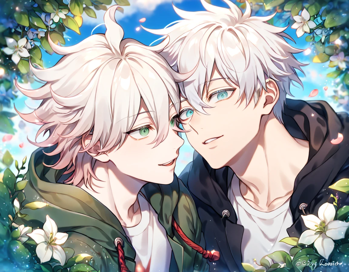 Ultra detailed, HDR, Highres, absurdres, master piece, Gojou Satoru, white hair with bangs, white eyelashes, expressive blue eyes, black coat, Jujutsu Kaisen, Komaeda Nagito, white hair, light gray-green eyes, two sexy men together, yaoi, gay couple, green coat with hoodie, white shirt, Danganronpa, handsome, flowers, petals, fantasy, magical, green leaves, summer, handsome, best quality, glittering, manly men,