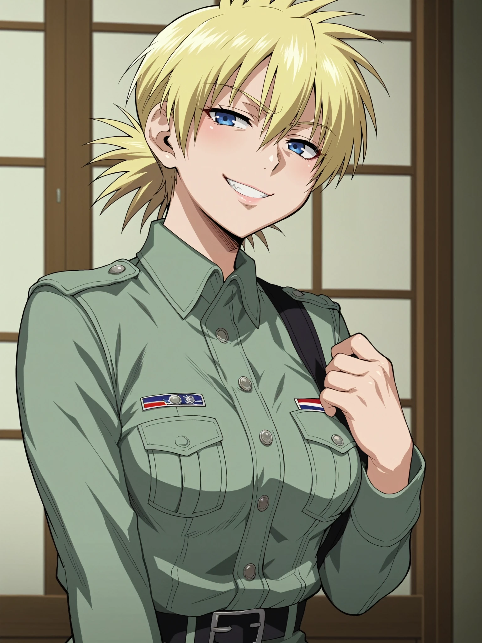 score_9, score_8_up, score_7_up, source_anime, BREAK, ikuchan, clean color, flat color, 1girl, anime screencap, screencap, seras, hellsing, blonde hair, blue eyes, smug, smirk, milf, mature female, indoors