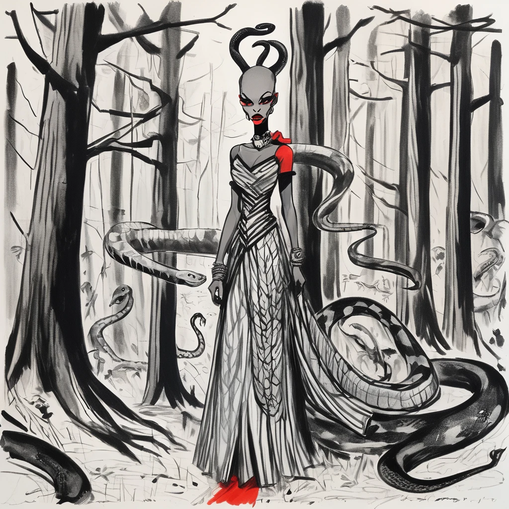 An expressive unfinished sketch featuring a hairless figure in a maxi dress. The figure has snakes on their head with accurate snake bodies, snake scales, and a snake tail rattle. The drawing includes ornate corpsepaint blackmetal facepaint, resembling Grace Jones. The style blends the art aesthetics of Sean Gordon Murphy and Joelle Jones with a rough sketch charcoal art style. The sketch shows rough-draft pencil lines underneath with bold lines over a rough-sketch inking, using an ink and charcoal blend. The scene is set in the pine barrens with sparse trees, emphasizing a candid, sorrowful expression. The sketch uses angular and expressive lines in an incomplete, unfinished style, evoking a sense of decay. Colors include red, yellow, and blue (RYB coloring). --no polished --no clean --no detailed --no smooth --no refined
