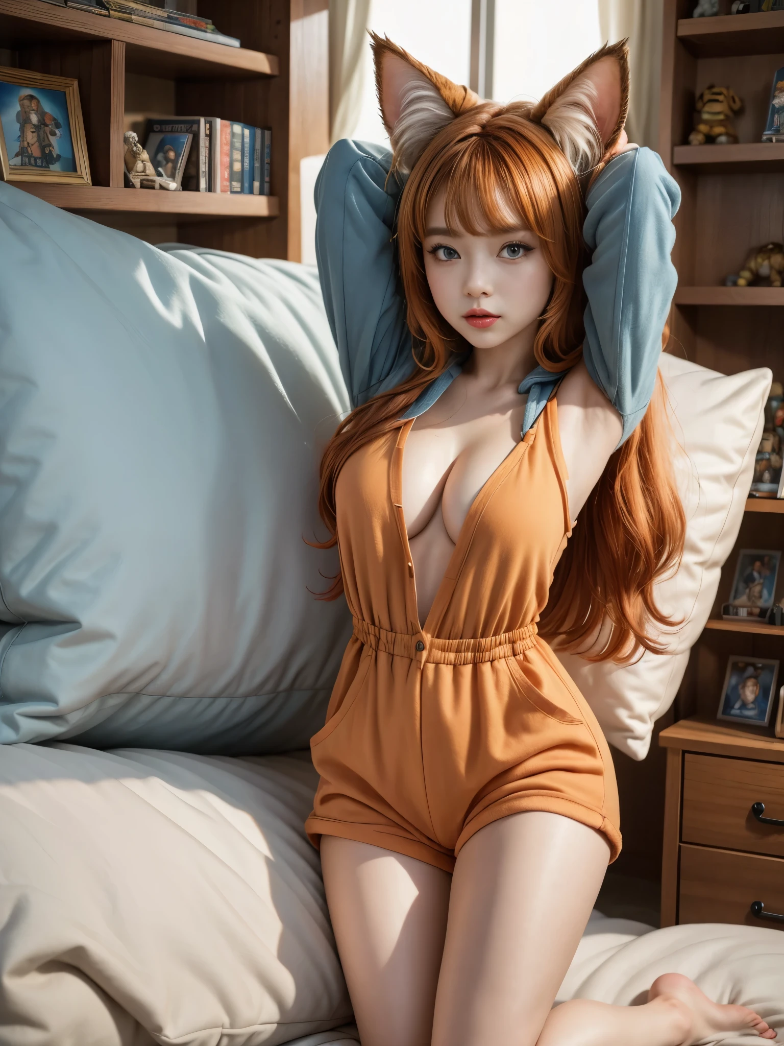 ((RAW Photo), Absurd, (Absurdresolution)), Masterpiece, Best Quality, (Extremely Detailed 8k CG Unity Wallpaper), (Best Illustration), (Best Shadow), Realistic Lighting, Beautiful Detailed Glow, ((Cute Gorgeous Girl, Brown Skin, Japanese)), (Perfect, Sharp, Defined Grey Pupil), (Orange and Blue Hair, Pastel Colors), Clean Face, Red Lips, (Full Hooded Romper, Cat Ears, All Fluffy, Furry, Tabby), (Left Leg Bent, Arms Outstretched Holding Pillow), ((Jumping On Bed Full Of Pillows)), ((Bedroom With Shelves Full Of Collectible Action Figures))