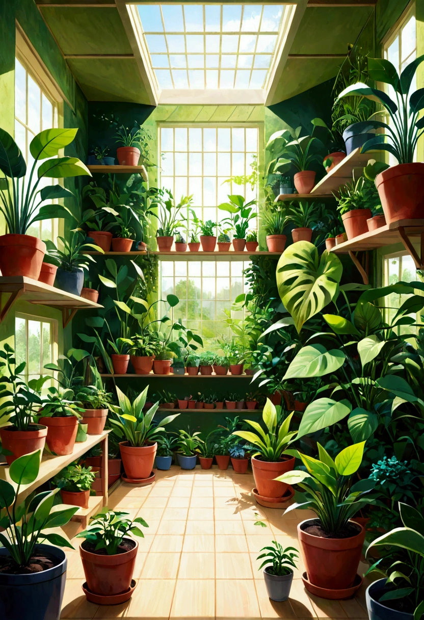 A room full of green plants and pots with various plants