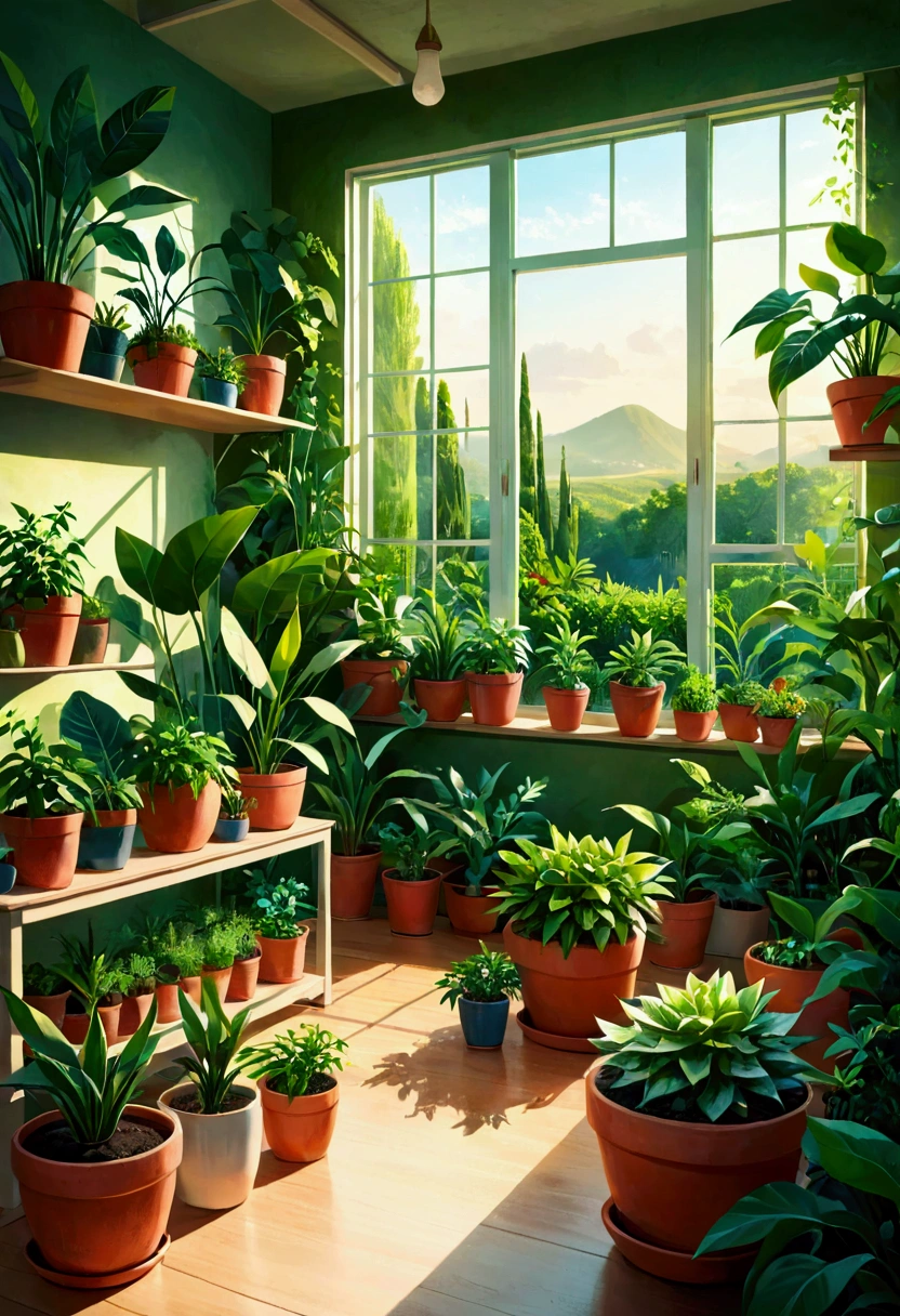 A room full of green plants and pots with various plants