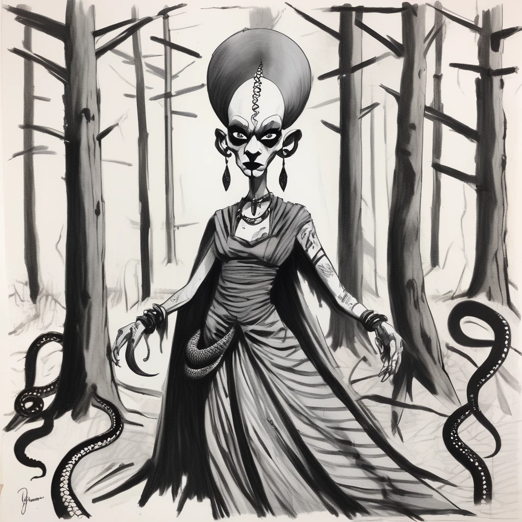 An expressive unfinished sketch featuring a hairless figure in a maxi dress. The figure has snakes on their head with accurate snake bodies, snake scales, and a snake tail rattle. The drawing includes ornate corpsepaint blackmetal facepaint, resembling Grace Jones. The style blends the art aesthetics of Sean Gordon Murphy and Joelle Jones with a rough sketch charcoal art style. The sketch shows rough-draft pencil lines underneath with bold lines over a rough-sketch inking, using an ink and charcoal blend. The scene is set in the pine barrens with sparse trees, emphasizing a candid, sorrowful expression. The sketch uses angular and expressive lines in an incomplete, unfinished style, evoking a sense of decay. Colors include red, yellow, and blue (RYB coloring). --no polished --no clean --no detailed --no smooth --no refined
