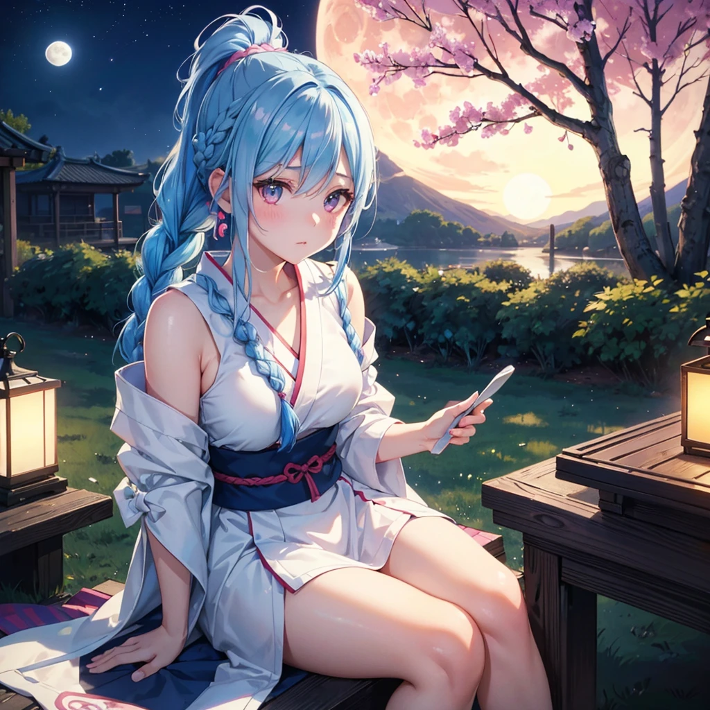 Sky blue hair, (Braided Ponytail:1.2), Pink eyes,Fair skin ,(whole body),(One Girl),Tsukimi,(White sweet dumplings ),White round dumplings,Japanese pampas grass,(beautiful, Full moon shining in the night sky),(masterpiece, Highest quality, Very detailed, Best Shadow), (Detailed Background), (Beautifully detailed face), High Contrast, (Best lighting, Very delicate and beautiful), ((Cinematic Light)), colorful, Hyper Detail,8k, Dramatic Light, Intricate details,Sit and eat dumplings while watching the moon,(Shadow of a rabbit on the moon),mysterious