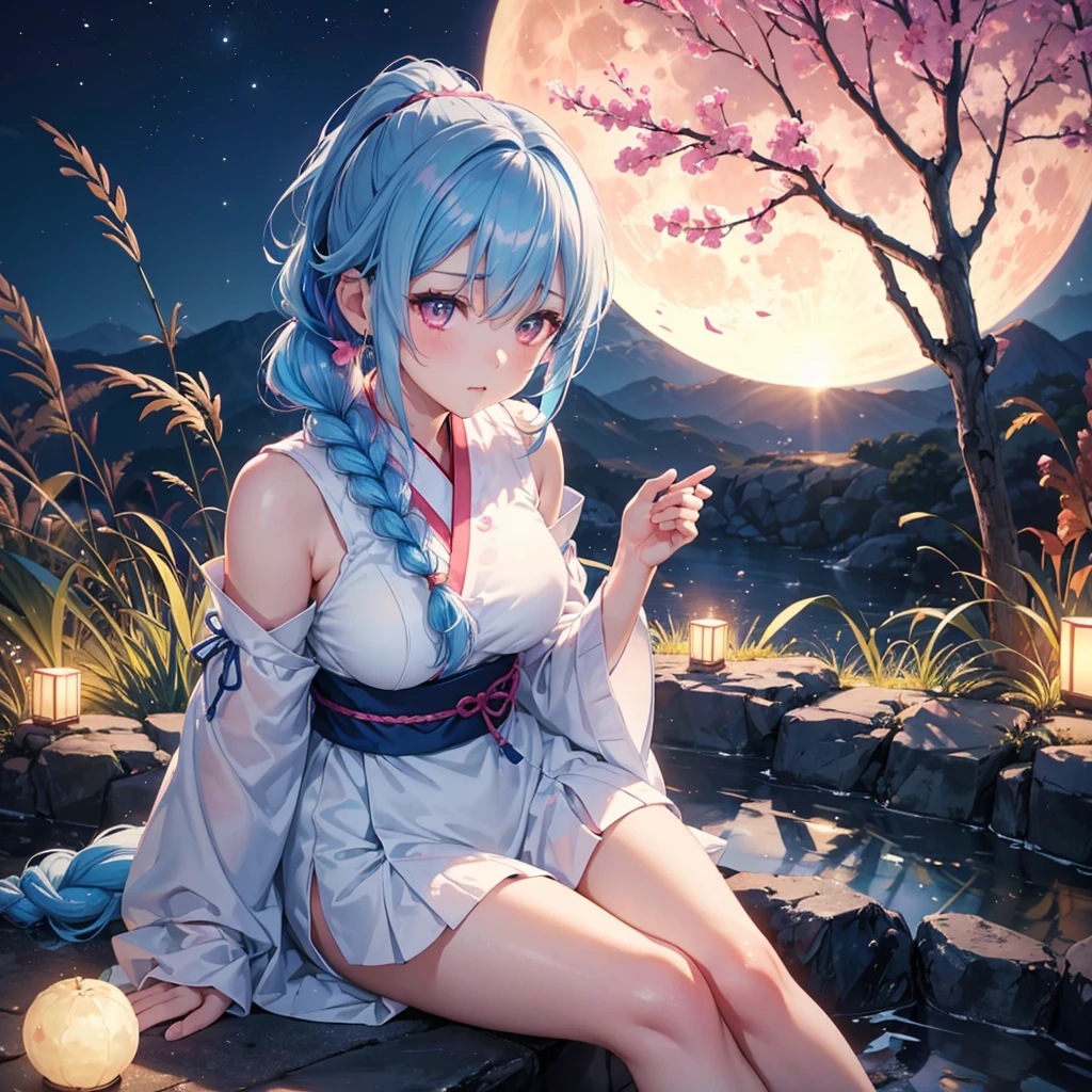 Sky blue hair, (Braided Ponytail:1.2), Pink eyes,Fair skin ,(whole body),(One Girl),Tsukimi,(White sweet dumplings ),White round dumplings,Japanese pampas grass,(beautiful, Full moon shining in the night sky),(masterpiece, Highest quality, Very detailed, Best Shadow), (Detailed Background), (Beautifully detailed face), High Contrast, (Best lighting, Very delicate and beautiful), ((Cinematic Light)), colorful, Hyper Detail,8k, Dramatic Light, Intricate details,Sit and eat dumplings while watching the moon,(Shadow of a rabbit on the moon),mysterious