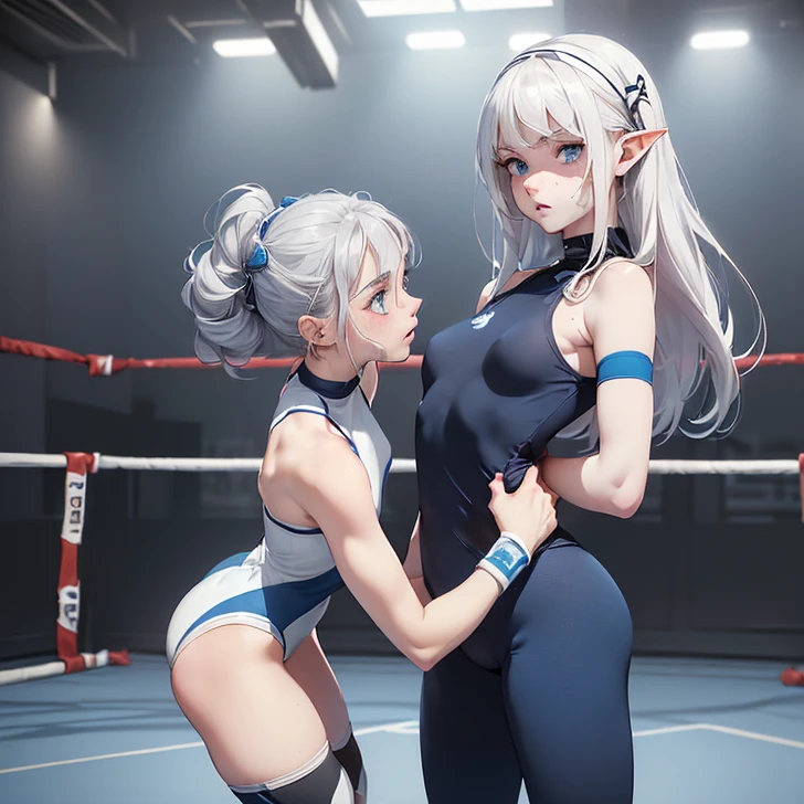 (Absurdres, best high quality, best high quality and very detailed features and textures, alone solo character)
{{( silver haired half-elf girl: (face freckles, pale skin, silver very short curly hair, beautiful blue eyes, very thin lips, nice teenage bodydium breasts, beautiful feminine arms, beautiful feminine legs, big butt, serious face, cute feminine, standing on offensive position), (dark blue wrestling leotard with leggings, white elbow pads, white wrestler wristbands, white kneepads, black wrestling medium boots), (pale-grey gym walls, white wrestling ring, white mat, white turnbuckles, white ropes, dark blue gym floor), (wrestling class, no people around))}}