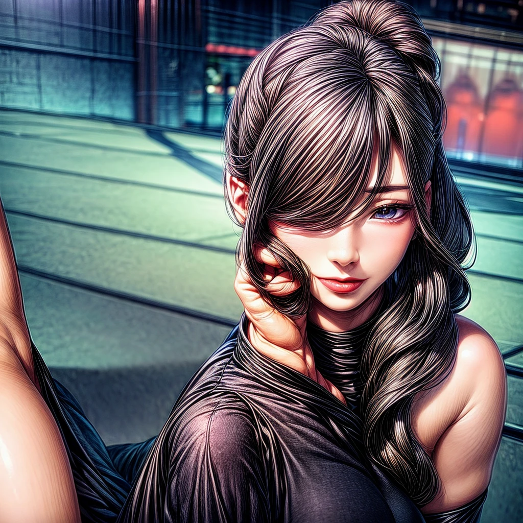masterpiece, Best Quality, Very detailed, 1 girl beautiful face, Long black hair in a ponytail, Very detailed eyes, bright Eyes, evening, penis in the face, big penis, penis over one eye