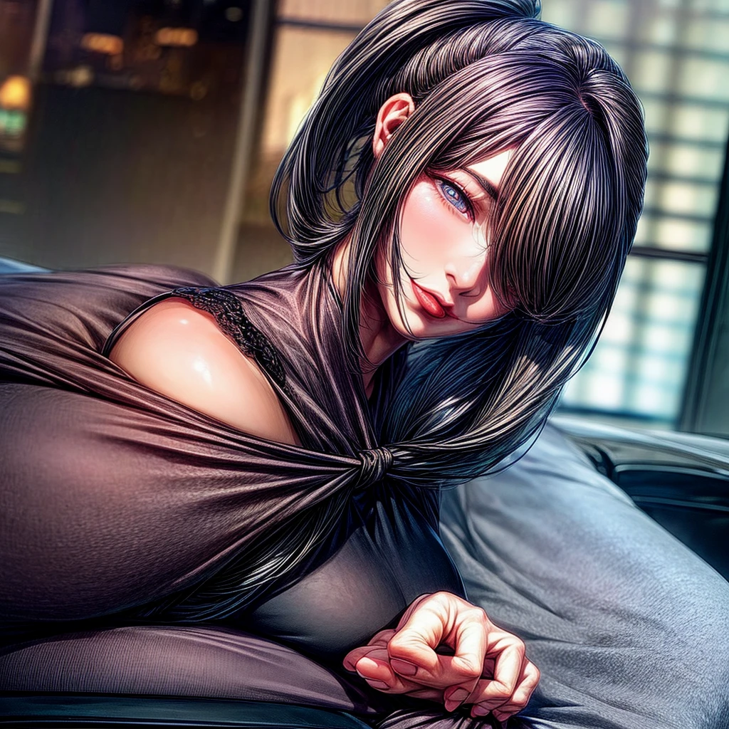 masterpiece, Best Quality, Very detailed, 1 girl beautiful face, Long black hair in a ponytail, Very detailed eyes, bright Eyes, evening, penis in the face, big penis, penis over one eye