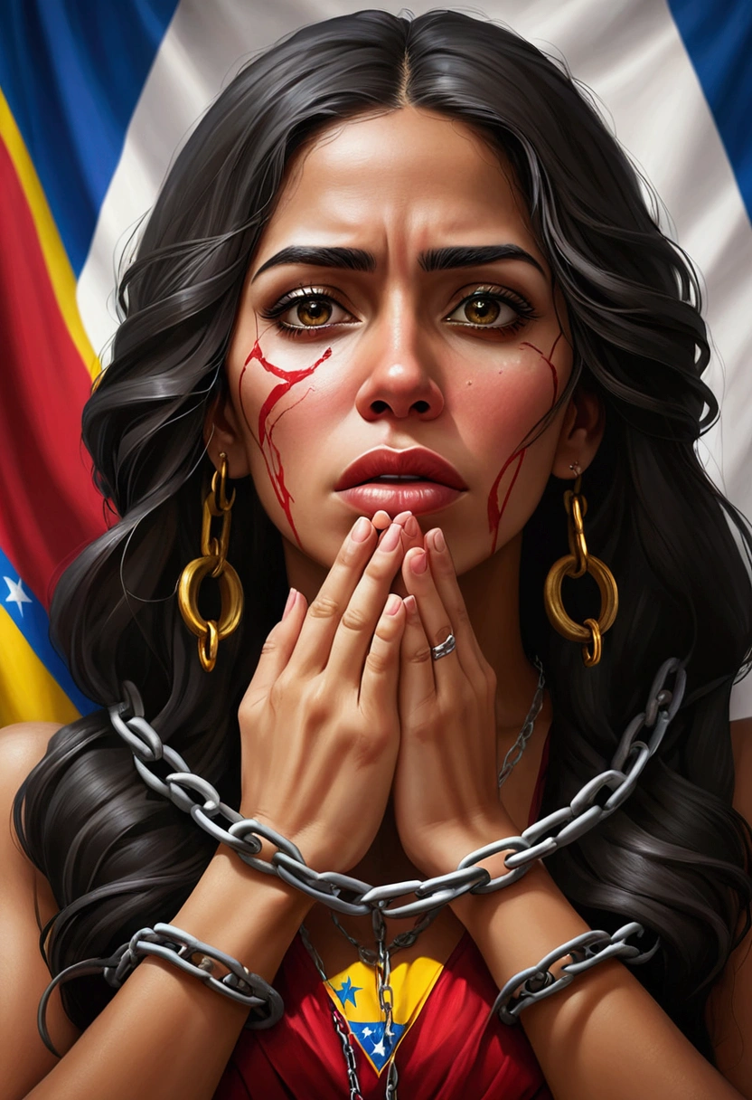 Create a realistic image of a woman representing Venezuela. She should have a sorrowful expression, with tears streaming down her face. Her hands are bound with chains, and she is gagged, symbolizing a longing for freedom. The background should reflect elements that signify Venezuela, such as its flag or landmarks. The overall atmosphere should convey a deep sense of oppression and yearning for liberation