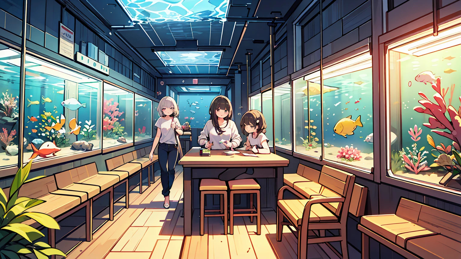 (masterpiece, best quality,4K),2 women,adult, different hair colors, different faces,Visit the aquarium ,Undersea Tunnel Aquarium,casual attire,Refined,Full-body full shot,smile brightly,realistic,