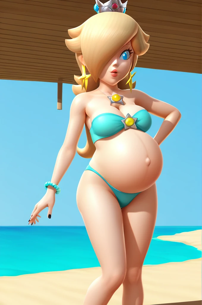 score_9, score_8_up, 1girl, solo, rosalina, style parody, thick outlines, black bikini, shorts, pregnant belly, sleeveless, strapless, cleavage, indoors, beach, front view, black nails