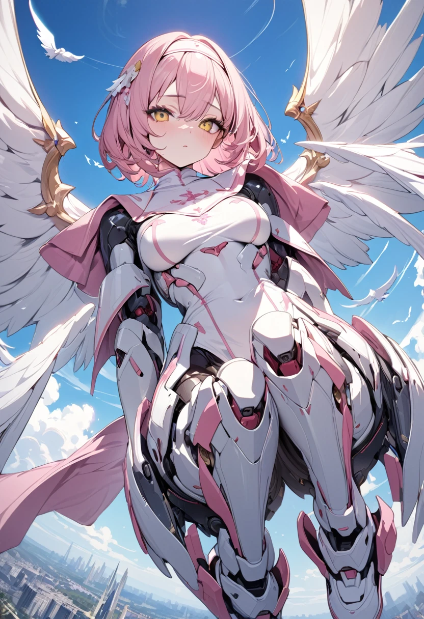 ((RAW Photos)), ((masterpiece)), Anthropomorphic humanoid angel girl in white royal robes, Exquisite detail, running, A complex Greebles piece, Sky Behind, pink, Beautiful Wings, Fine eyes and lips