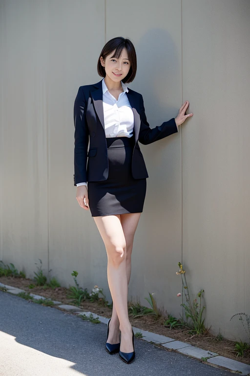 Japanese,Mature Woman, (alone), 30 years old, (double),whole body,Medium black hair, Glamour, Pure white skin, Photographed from the front,Observe the audience、(Office Lady)、(suit),(Black Pantyhose),Black high heels、garden、Squat,