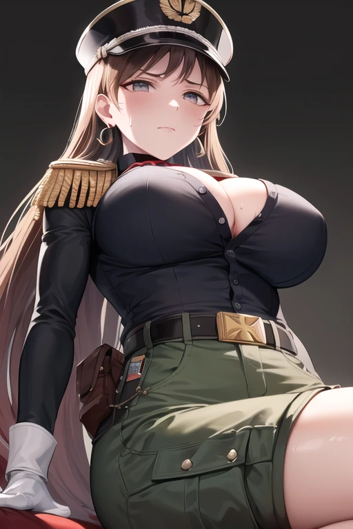 masterpiece, best quality, highres, aanitta, (very long hair), (black peaked cap), earrings, big breasts, cleavage, muscular body, military uniform, epaulettes, badges, (black shirt:1.2), (gold trim), (bulletproof vest), (red ascot), black sleeves, long sleeves, (black cargo pants), utility belt, (belt pouches), cargo pants, (white gloves), view from below, sit down, (electric chair), (serious facial expression),  sweat, facing the viewer, looking at the viewer, (simple dark background)