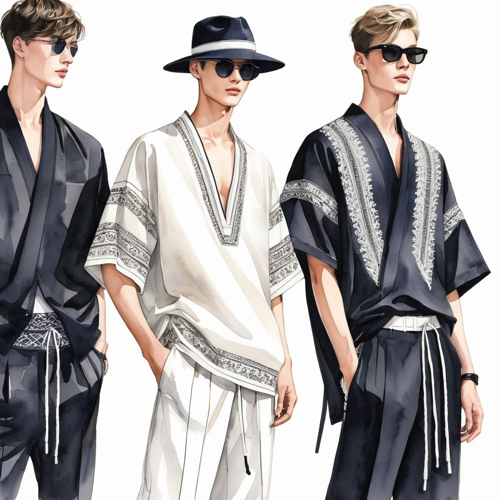 candid fashion illustration of young 3man , aged 23 year old, tall and slender, male super model, ((showcase fashion in a Trible cotton outfits)), clothes inspired by Christian Dior collection, in elegant modern style with ((ethnic woven details)). The 1st man wears an oversized shirt with Trible embroidery and lace details, paired with slim-fit Pants, semi hard bugle, The 2nd man complements him in a white lace shirt, paired with white Drawstring short pants, 3rd man wears an oversized Yukata with short-sleeved white shirt, lace details, relaxed-fit white hammer Pants, side entry pockets, all completes the look with white sneakers, sunglasses, staew hat, Captured in a ((full-body pose)), ((simple water-color on white paper background)), realistic pencil lines, imperfect drawing, charcoal lines detail, fading sketch, fashion Sketching, low angle view,