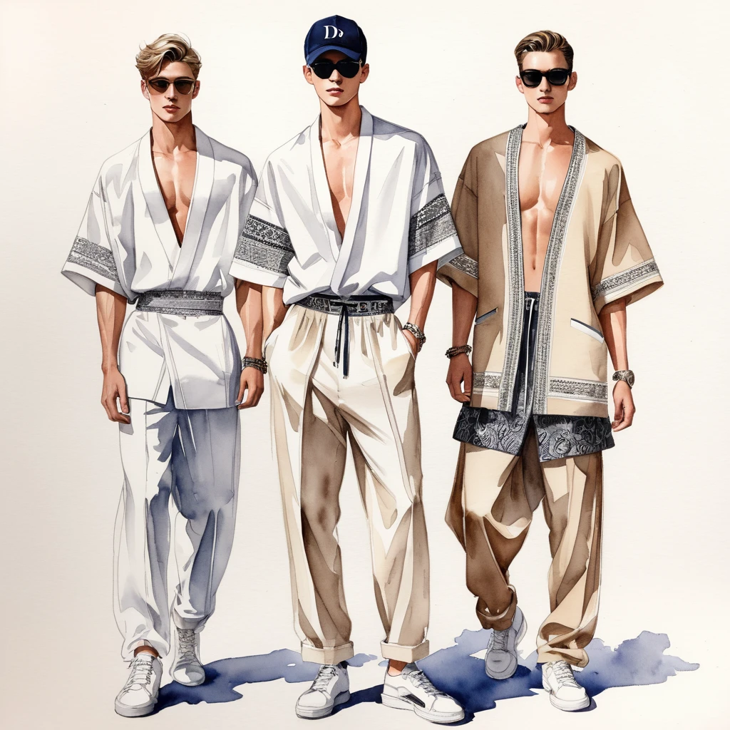 candid fashion illustration of young 3man , aged 23 year old, tall and slender, male super model, ((showcase fashion in a Trible cotton outfits)), clothes inspired by Christian Dior collection, in elegant modern style with ((ethnic woven details)). The 1st man wears an oversized shirt with Trible embroidery and lace details, paired with slim-fit Pants, semi hard bugle, The 2nd man complements him in a white lace shirt, paired with white Drawstring short pants, 3rd man wears an oversized Yukata with short-sleeved white shirt, lace details, relaxed-fit white hammer Pants, side entry pockets, all completes the look with white sneakers, sunglasses, staew hat, Captured in a ((full-body pose)), ((simple water-color on white paper background)), realistic pencil lines, imperfect drawing, charcoal lines detail, fading sketch, fashion Sketching, low angle view,