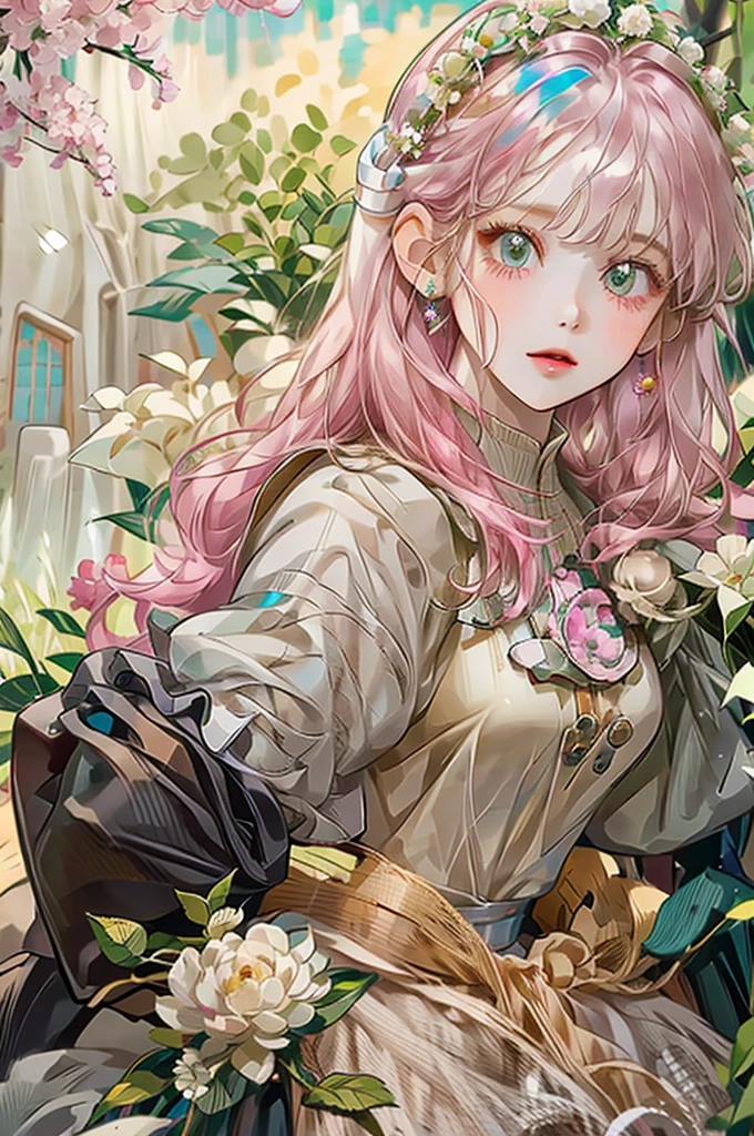 girl、Background is white、Her hair color is pink.、Illustrated、Country Style、wearing a flower crown、Realistic、Staring at me、Clothes with short sleeves、Has bangs