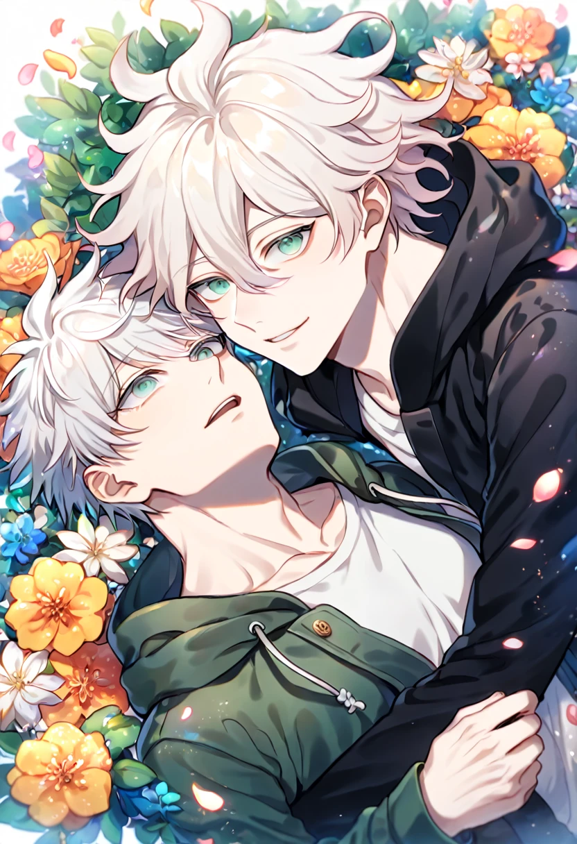 Ultra detailed, HDR, Highres, absurdres, master piece, Gojou Satoru, white hair with bangs, white eyelashes, expressive blue eyes, black coat, Jujutsu Kaisen, Komaeda Nagito, white hair, light gray-green eyes, two sexy men together, yaoi, gay couple, green coat with hoodie, white shirt, Danganronpa, handsome, flowers, petals, fantasy, magical, green leaves, summer, handsome, best quality, glittering, manly men,
