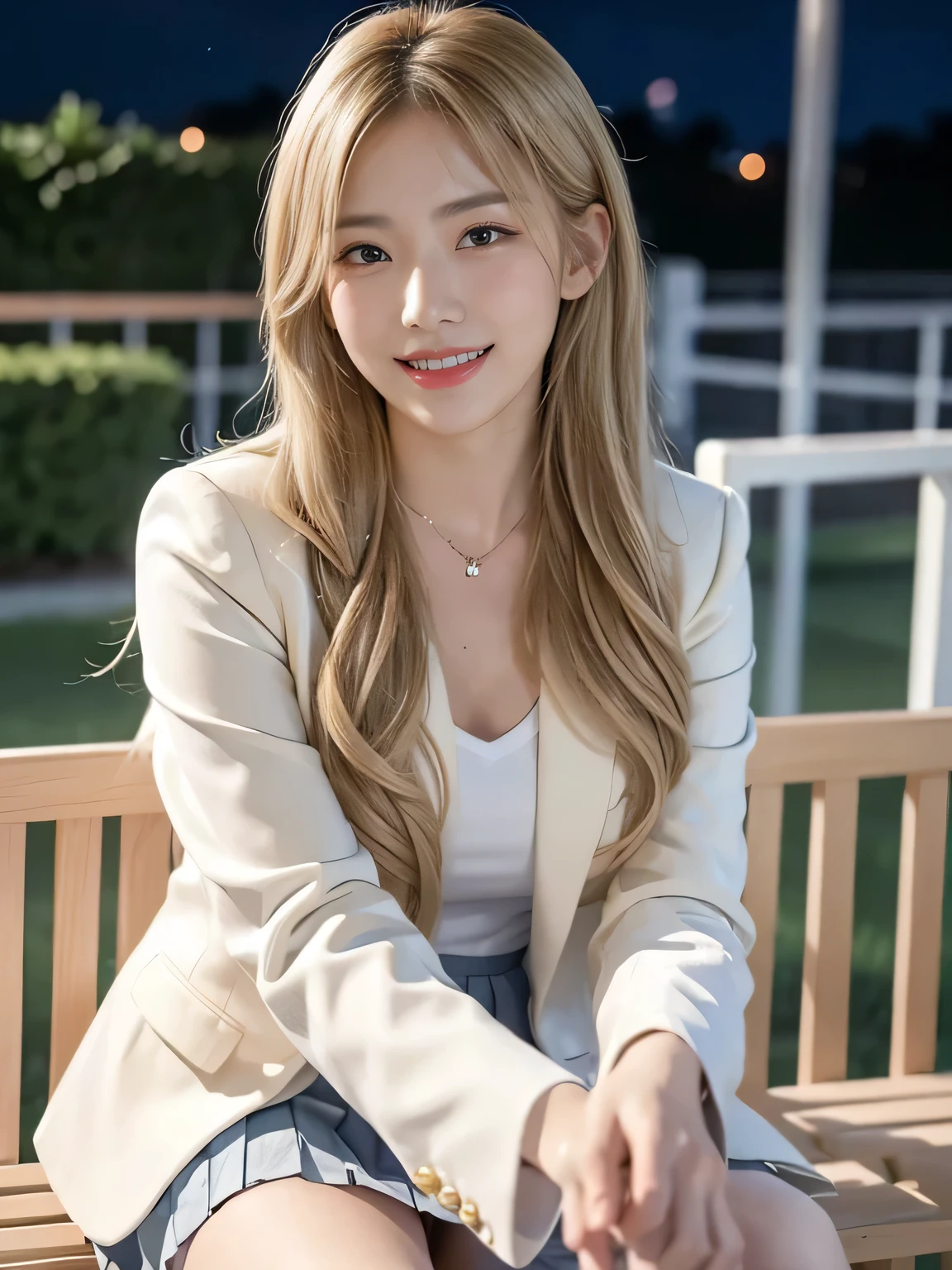 (8,000; Best Quality: 1.2), (Realistic, Realistic: 1.2), Lovely, Solo, Sky is Beautiful and Clear, Night, Moisture, Watching the Audience, (Sit: 1.5) Date, Mirai, (Nose Brush), (Smile: 1.15), Delicate eye (Deep Blonde: 1), Floating Hair Nova FrogStyle, White Suit Jacket, Burton T-shirt, Beige Pleats Skirt, Makeup, Lover's Smile, 35 years old, Beautiful (8,000, Yes, RAW Photo: 1.2, Random body orientation,