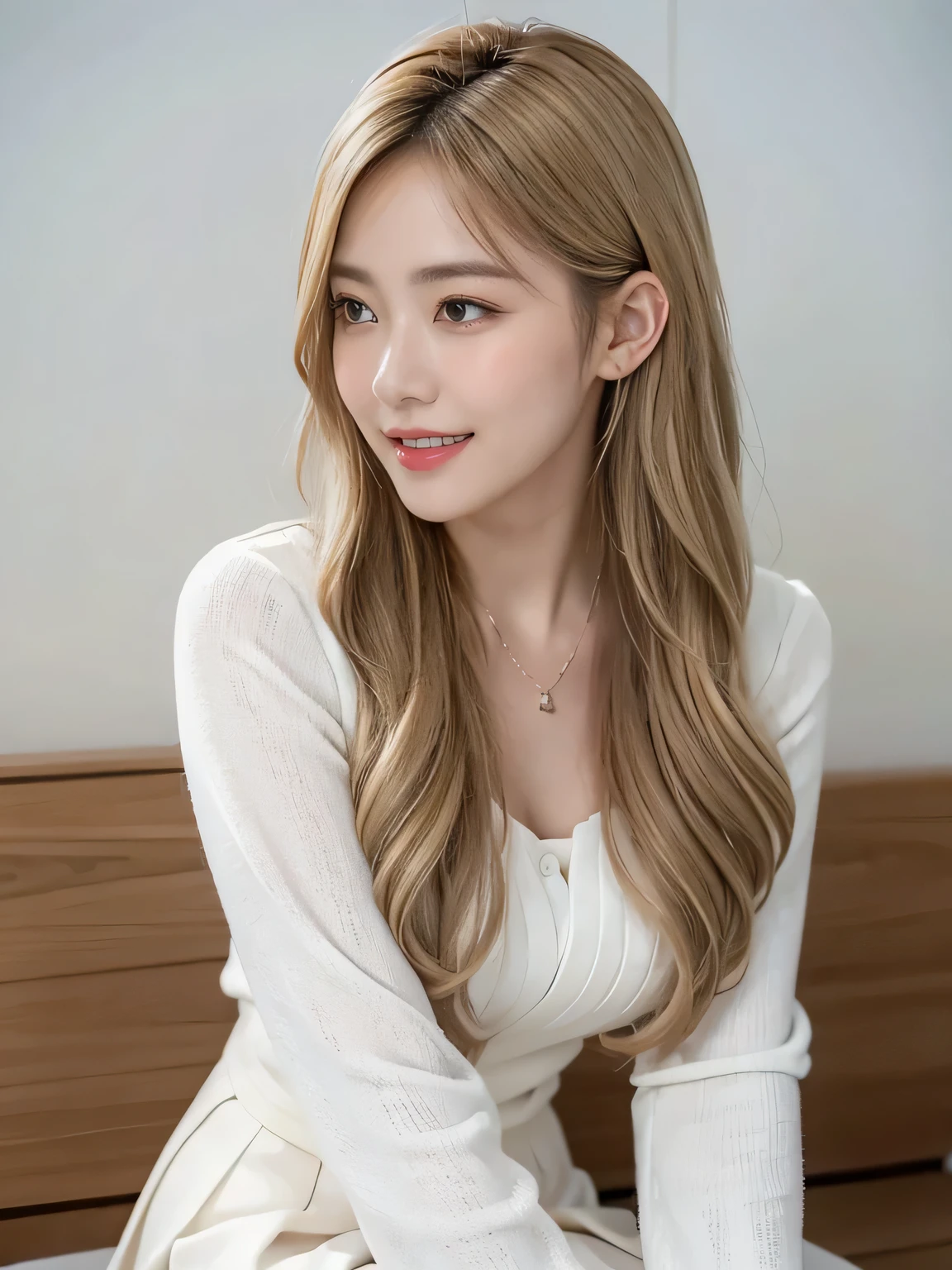 (8,000; Best Quality: 1.2), (Realistic, Realistic: 1.2), Lovely, Solo, Sky is Beautiful and Clear, Night, Moisture, Watching the Audience, (Sit: 1.5) Date, Mirai, (Nose Brush), (Smile: 1.15), Delicate eye (Deep Blonde: 1), Floating Hair Nova FrogStyle, White Suit Jacket, Burton T-shirt, Beige Pleats Skirt, Makeup, Lover's Smile, 35 years old, Beautiful (8,000, Yes, RAW Photo: 1.2, Random body orientation,