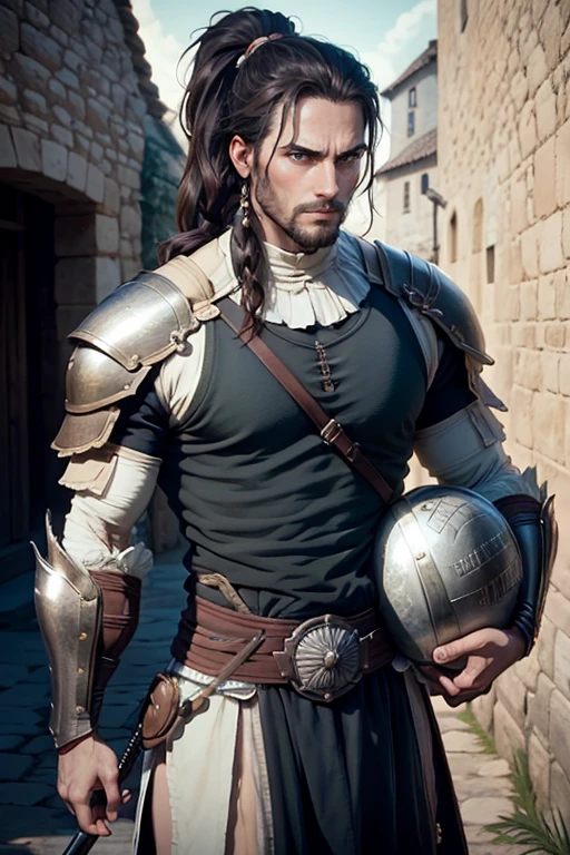 30 year old man, ponytail hair, greeneyes, serious expression, muscled body, trajes de gladiador, holding an epée, medieval village.