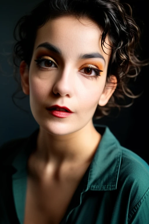 Beautiful young 22 yrs woman, (close-up, editorial photograph), [[wide angle photo]], (background inside dark, moody, private study:1.3), full body portrait, by lee jeffries, nikon d850, film stock photograph, 4 kodak portra 400, camera f1.6 lens, rich colors, hyper realistic, lifelike texture, dramatic lighting, cinestill 800, Messy Short wavy hair, Dark black hair, Dark Hazel eyes, Eye contact

