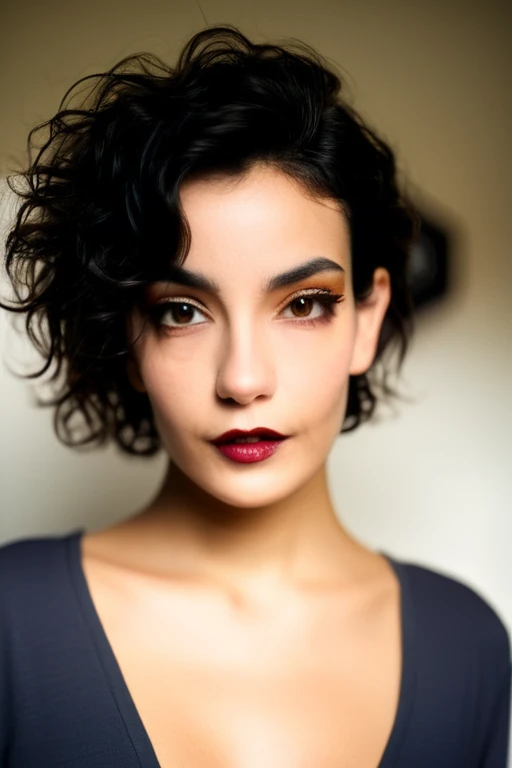 Beautiful young 22 yrs woman, (close-up, editorial photograph), [[wide angle photo]], (background inside dark, moody, private study:1.3), full body portrait, by lee jeffries, nikon d850, film stock photograph, 4 kodak portra 400, camera f1.6 lens, rich colors, hyper realistic, lifelike texture, dramatic lighting, cinestill 800, Messy Short wavy hair, Dark black hair, Dark Hazel eyes, Eye contact
