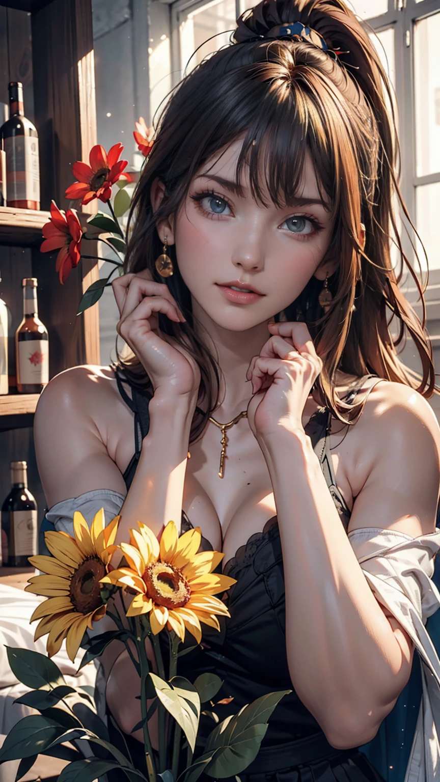 myself, yellow_student, +_+, black_hair, expensive_ponytail, red_flower_hair_ornament, masterpiece, Highest quality, Very detailed, figure, alone, One girl