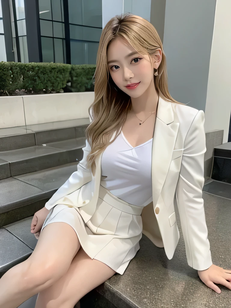 (8,000; Best Quality: 1.2), (Realistic, Realistic: 1.2), Lovely, Solo, Sky is Beautiful and Clear, Night, Moisture, Watching the Audience, (Sit: 1.5) Date, Mirai, (Nose Brush), (Smile: 1.15), Delicate eye (Deep Blonde: 1), Floating Hair Nova FrogStyle, White Suit Jacket, Burton T-shirt, Beige Pleats Skirt, Makeup, Lover's Smile, 35 years old, Beautiful (8,000, Yes, RAW Photo: 1.2, Random body orientation, 