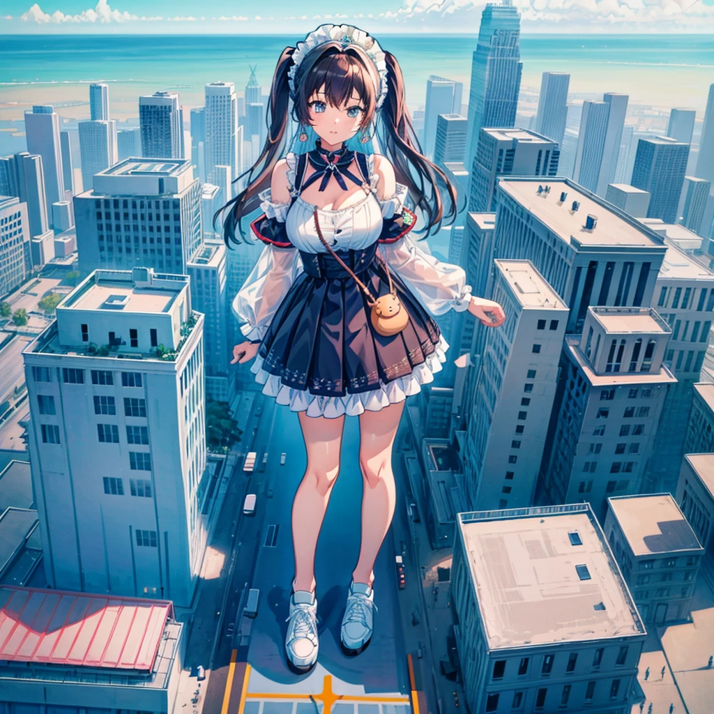 perspective from above giantess giant girl
masterpiece unreal engine anime style delicate picture 4k 90's giant crowd amusement park giant girl standing at an amusement park ferris wheel roller coaster crowd skirt big breasts white T-shirt summer clothes short sleeves private clothes sneakers white socks wristwatch black hair smile blue sky thundercloud contrail female giant giant Girl Full Body  Crowd Unreal Engine, Cleavage, A Picture, Earrings, Long Hair, 1980s (Style) Cute Picture Beauty Analog Style Full Body Sneakers,