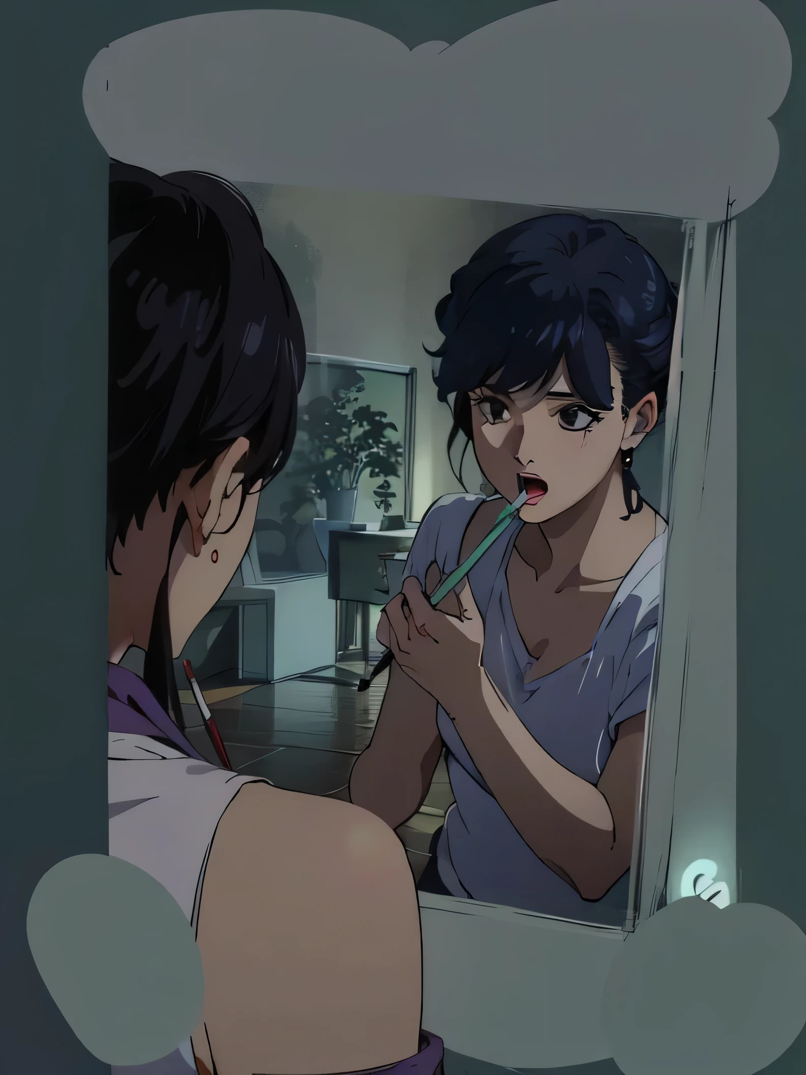 animation style, best quality, high resolution, 1 woman, alone, (huge breasts), laugh, Saeko, white jacket, Purple shirt, pencil skirt,There is a woman brushing her teeth in front of a mirror, jinyoung shin aesthetic, bad ulzzang, with a mirror, Kai Xukun, artwork in the style of Guweizu, lofi aesthetic, Works inspired by Yanjun Cheng, aesthetic!!, Guweizu, very aesthetic!!!!!!, hyperrealistic aesthetic, aesthetic!!!!!!!!!!, [ realistic photo ],black hair,Long haired woman