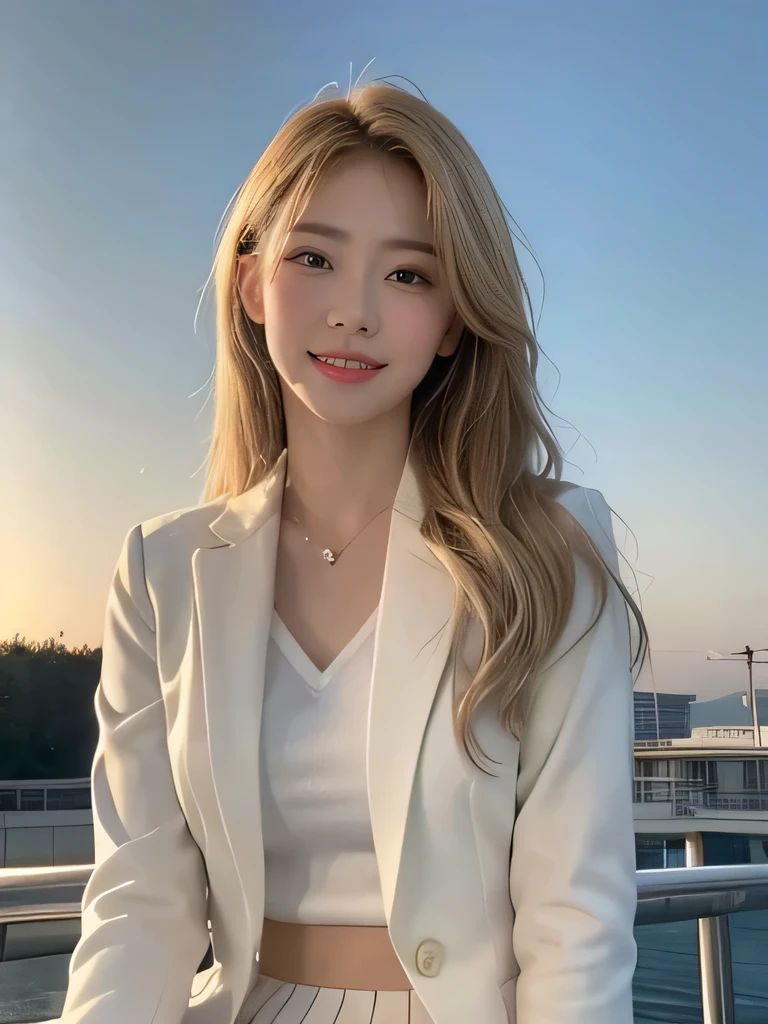 (8,000; Best Quality: 1.2), (Realistic, Realistic: 1.2), Lovely, Solo, Sky is Beautiful and Clear, Night, Moisture, Watching the Audience, (Sit: 1.5) Date, Mirai, (Nose Brush), (Smile: 1.15), Delicate eye (Deep Blonde: 1), Floating Hair Nova FrogStyle, White Suit Jacket, Burton T-shirt, Beige Pleats Skirt, Makeup, Lover's Smile, 35 years old, Beautiful (8,000, Yes, RAW Photo: 1.2, Random body orientation,