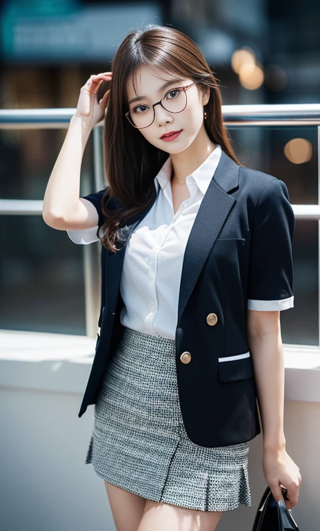 (A gorgeous Chinese lady, age 28, professional high-school lecturer & art director, wearing trendy office attire, blazers, sky-blue tie, short-sleeve white shirt with buttons, pencil mini-skirt, ITZY sneakers, making heads turn in the Cannes Film Festival, 

(fabulous, geeky, feminine, gentle,
friendly, goofy, fascinating, Graceful),

spectacles, #roundeyeware, #glasses, #eyeware, kind smile, dimpled cheeks, cute snaggle-tooth, short ponytail, short bob hair trimmed, short hair, symmetrical face, beautiful detailed face, bright_and_full_of_warmth_eyes, detailed eyes, ample round bosom, perfect body anatomy,

Award-winning, photorealistic, hyper-realism, high contrast, ultra HD, realistic skin textures, top image quality, top-quality, super high resolution, fine details, very meticulously, Vivid Colours, masterpiece, High angle shot, full body shot, cowboy shot, positive affirmation, serene ambience, bokeh night background, SFW)