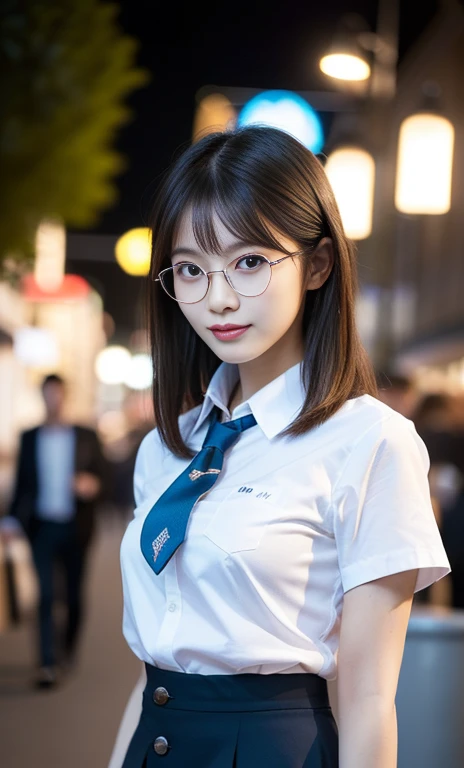 (A gorgeous Chinese lady, age 28, professional high-school lecturer & art director, wearing trendy office attire, blazers, sky-blue tie, short-sleeve white shirt with buttons, pencil mini-skirt, ITZY sneakers, making heads turn in the Cannes Film Festival, 

(fabulous, geeky, feminine, gentle,
friendly, goofy, fascinating, Graceful),

spectacles, #roundeyeware, #glasses, #eyeware, kind smile, dimpled cheeks, cute snaggle-tooth, short ponytail, short bob hair trimmed, short hair, symmetrical face, beautiful detailed face, bright_and_full_of_warmth_eyes, detailed eyes, ample round bosom, perfect body anatomy,

Award-winning, photorealistic, hyper-realism, high contrast, ultra HD, realistic skin textures, top image quality, top-quality, super high resolution, fine details, very meticulously, Vivid Colours, masterpiece, High angle shot, full body shot, cowboy shot, positive affirmation, serene ambience, bokeh night background, SFW)