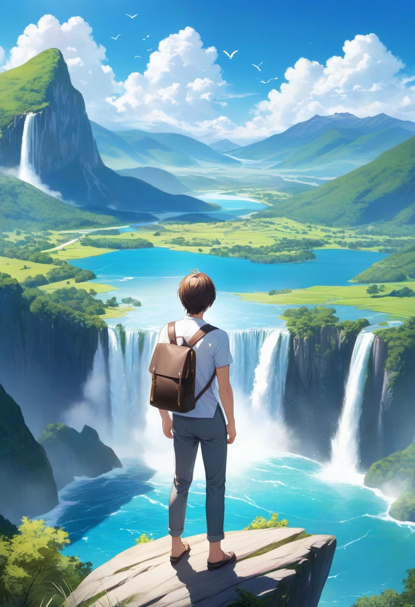 solo, short hair, 1boy, standing, male focus, outdoors, sky, day, pants, cloud, water, bag, from behind, blue sky, bird, scenery, mountain, fantasy, waterfall, landscape, cliff