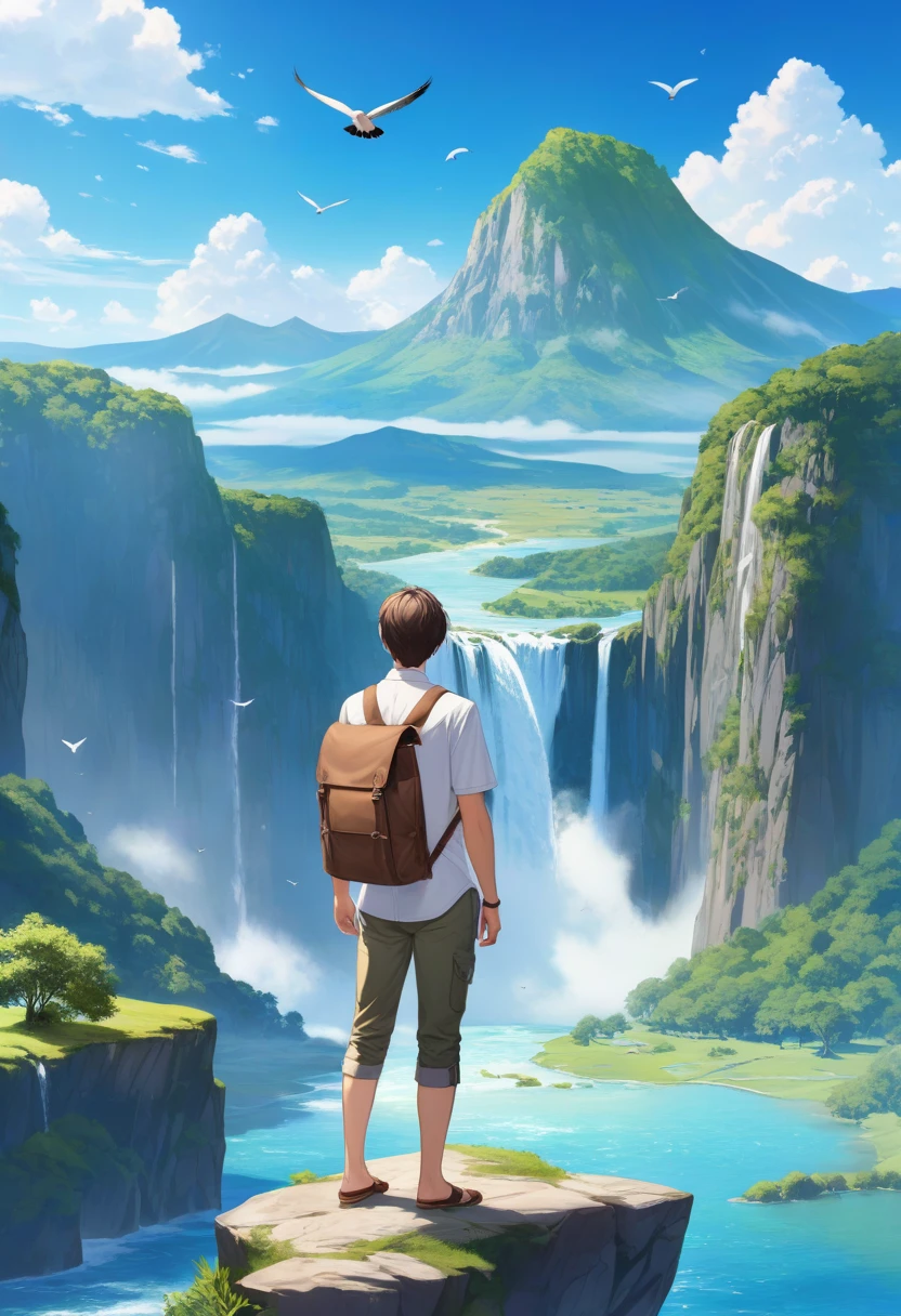 solo, short hair, 1boy, standing, male focus, outdoors, sky, day, pants, cloud, water, bag, from behind, blue sky, bird, scenery, mountain, fantasy, waterfall, landscape, cliff