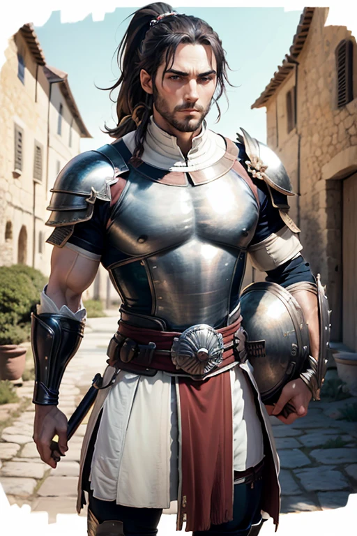 30 year old man, ponytail hair, greeneyes, serious expression, muscled body, trajes de gladiador, holding an epée, medieval village.